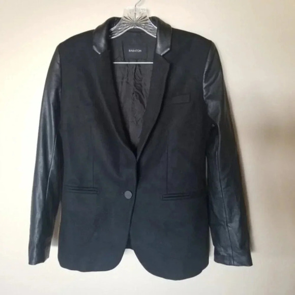 Aritzia Babaton Fred Blazer Black Wool Cashmere Blend Faux Leather Sleeves - Picture 6 of 13